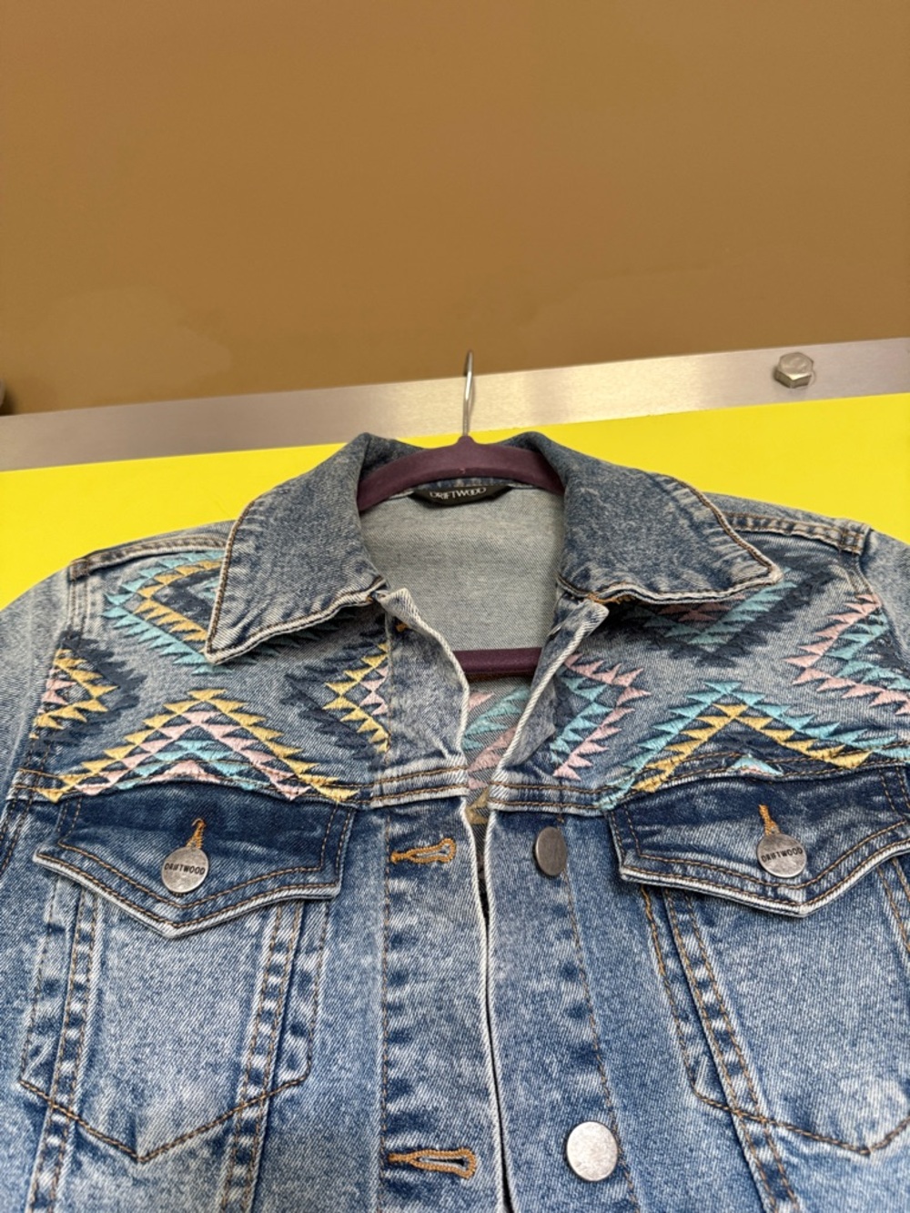 DRIFTWOOD Blue Denim Jacket with Multicolor Aztec Detail Small - Picture 2 of 9